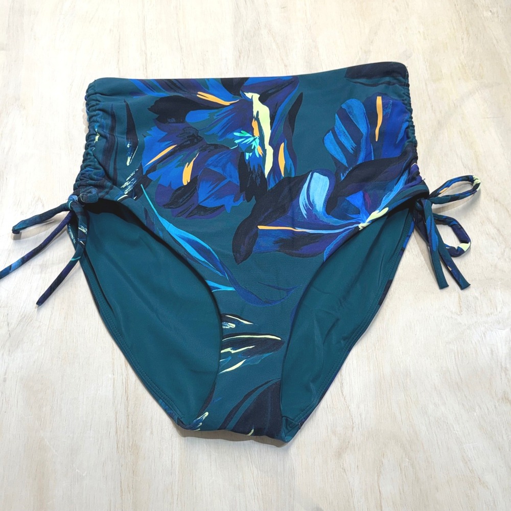 Calia Womens Small High Waisted Cinch Side Bikini Bottoms Teal Blue Floral NWOT